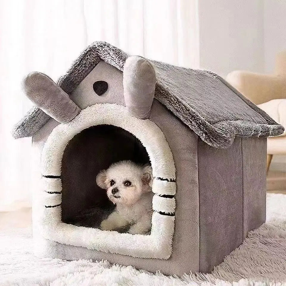 Enclosed Dog House Bed | Soft Coral Fleece, Removable Washable Cover, S to L