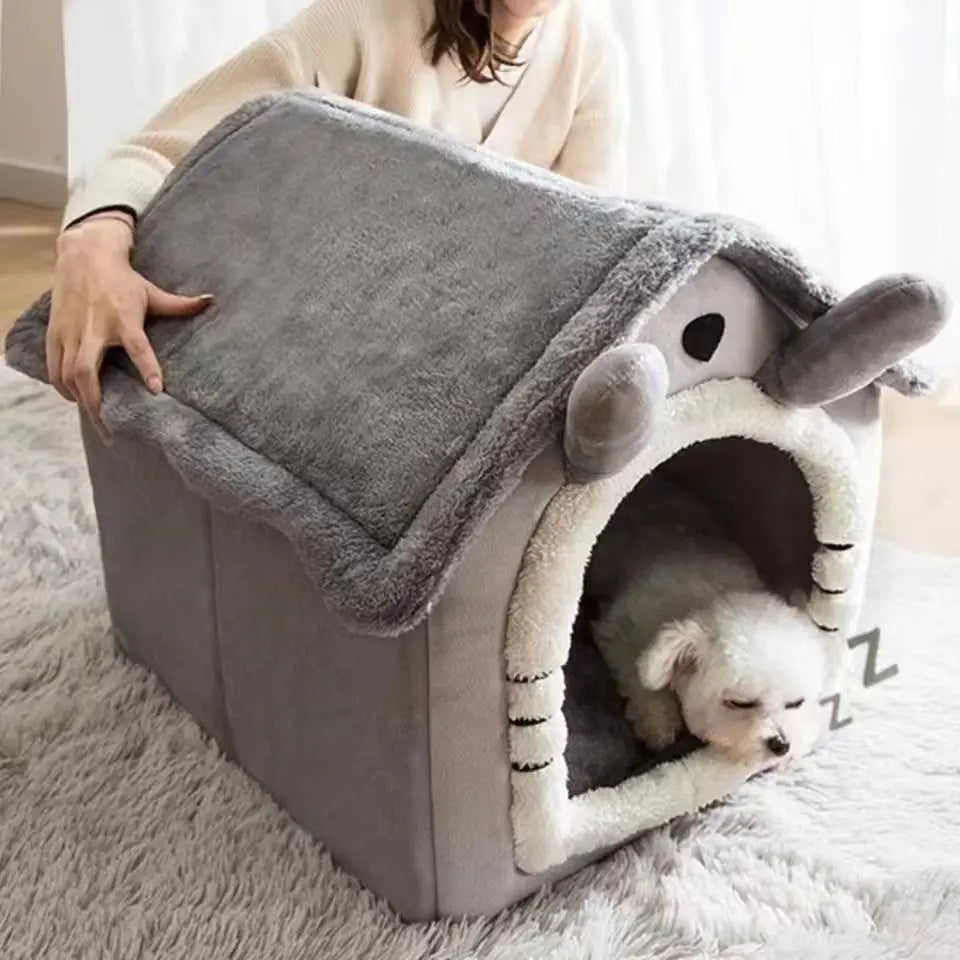 Enclosed Dog House Bed | Soft Coral Fleece, Removable Washable Cover, S to L