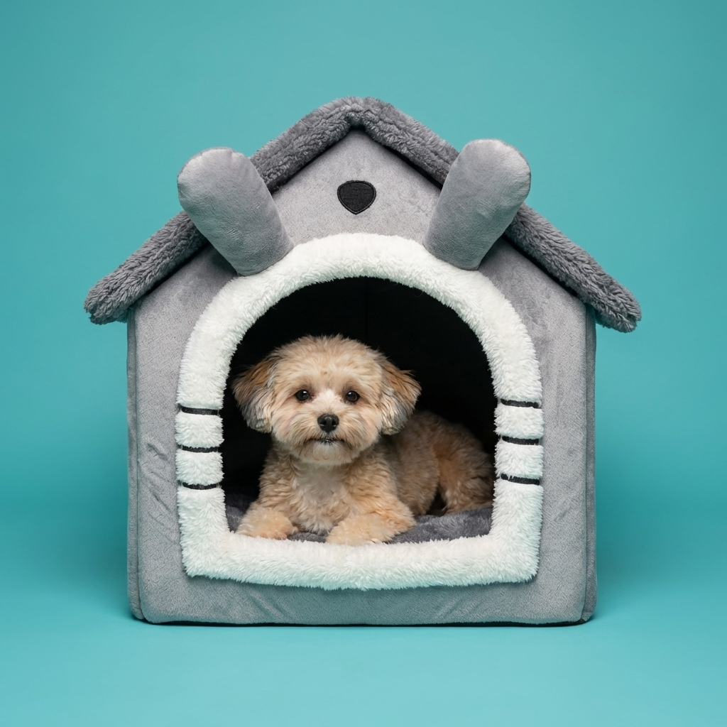 Enclosed Dog House Bed | Soft Coral Fleece, Removable Washable Cover, S to L